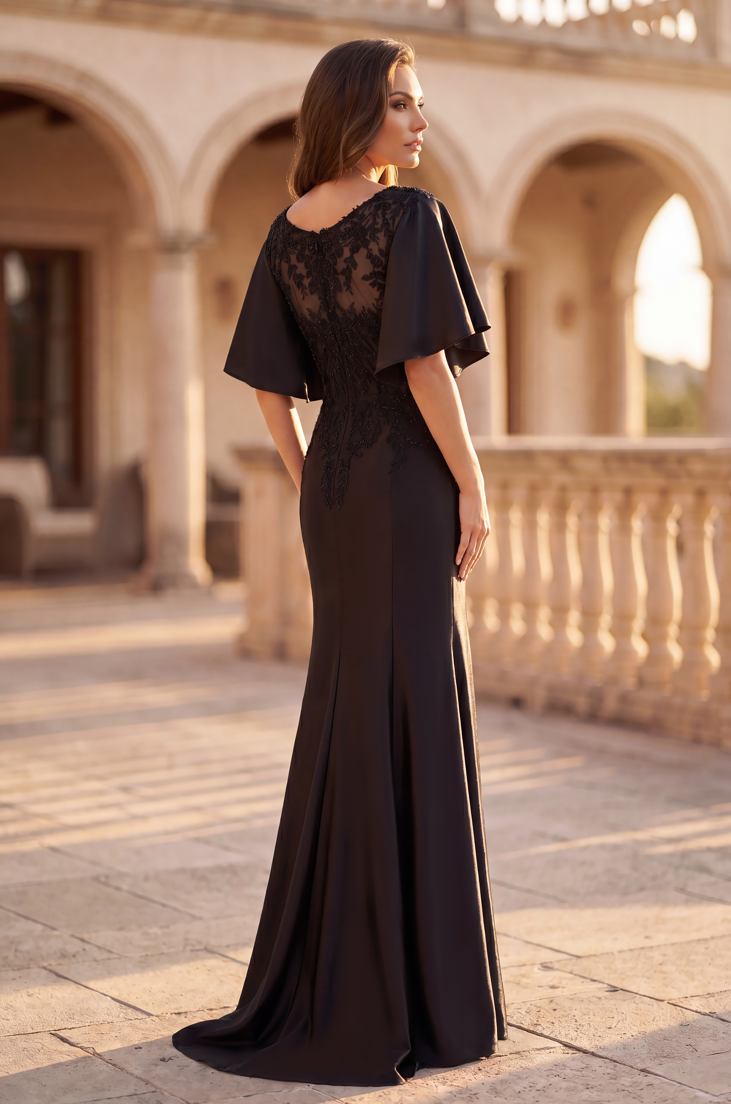 Lace Applique Flutter Sleeve Evening Gown