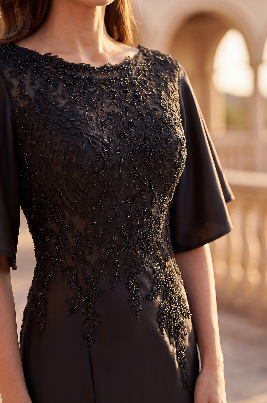 Lace Applique Flutter Sleeve Evening Gown