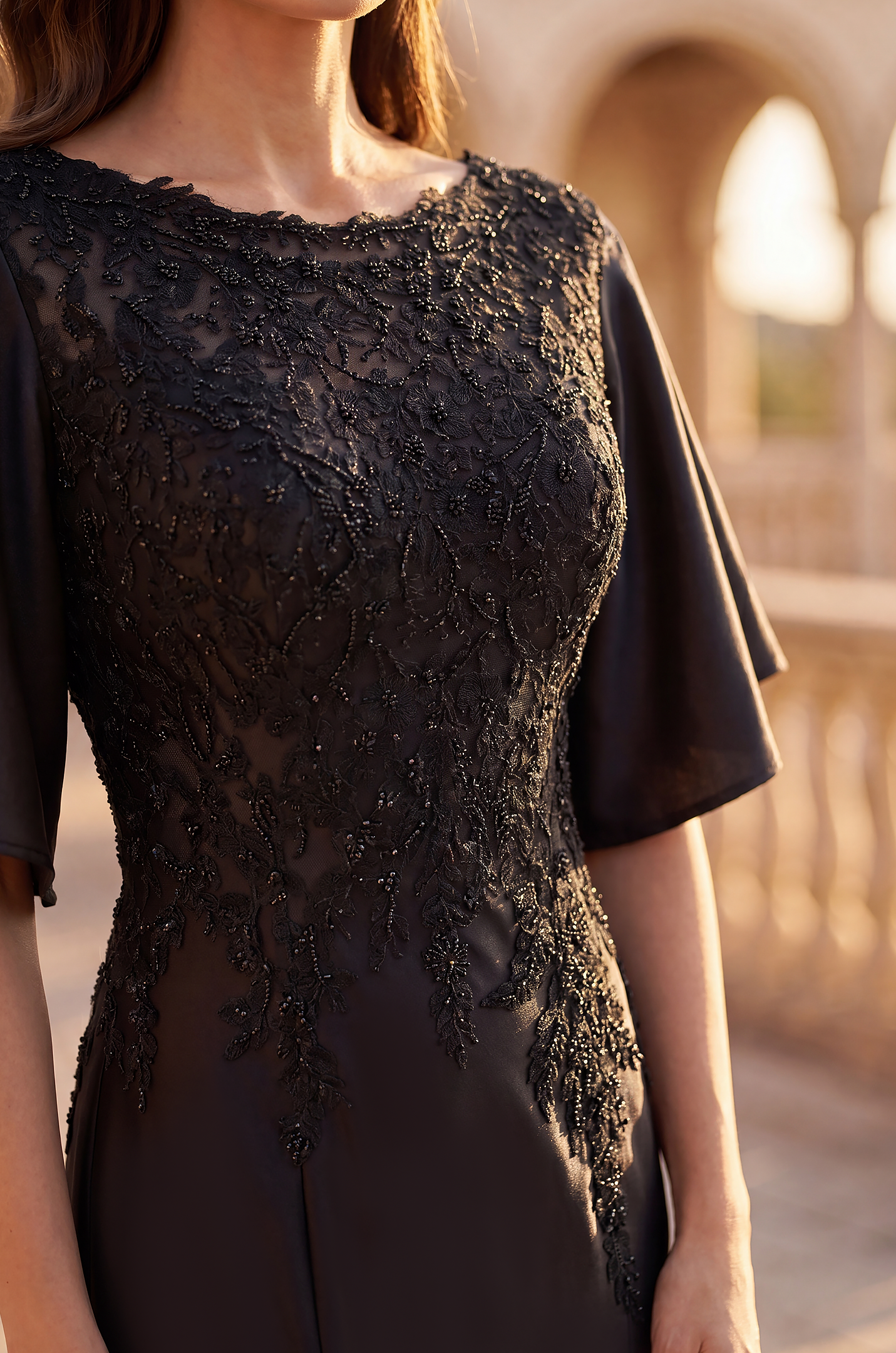 Lace Applique Flutter Sleeve Evening Gown