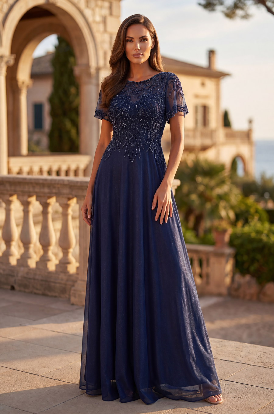 Long Formal Dress Flutter Sleeve Evening Gown