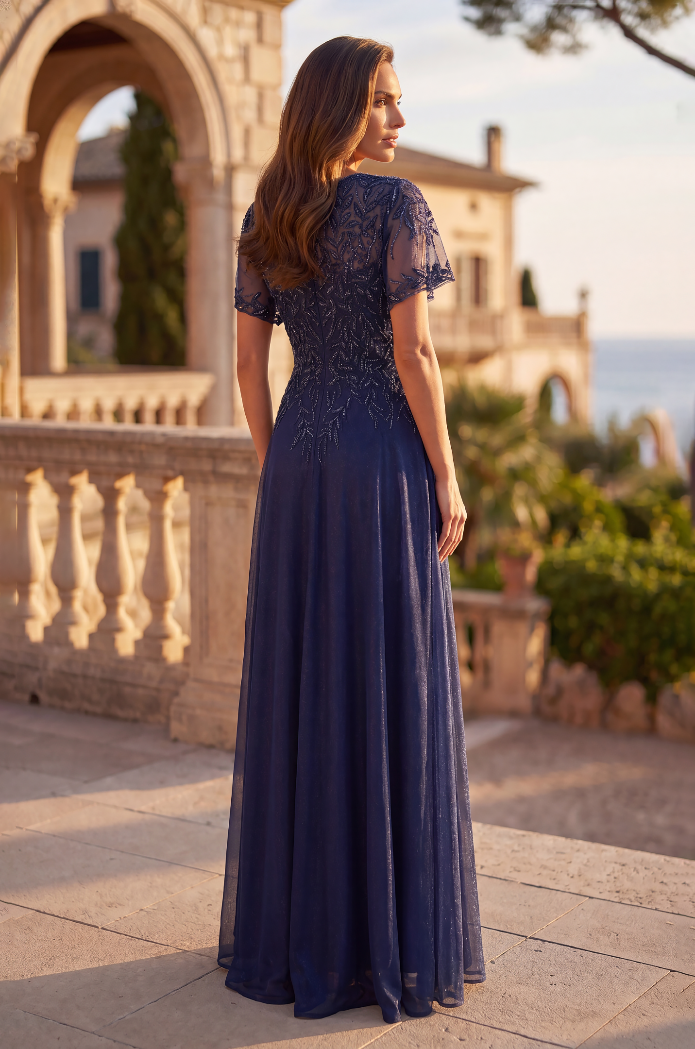 Long Formal Dress Flutter Sleeve Evening Gown