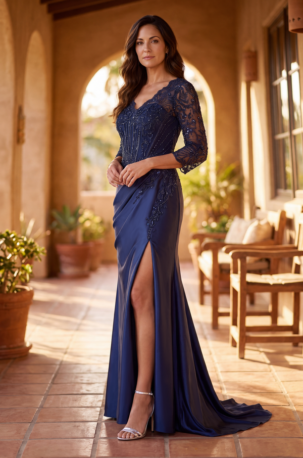 V Neck Beaded Evening Gown Long Sleeve Formal Dress