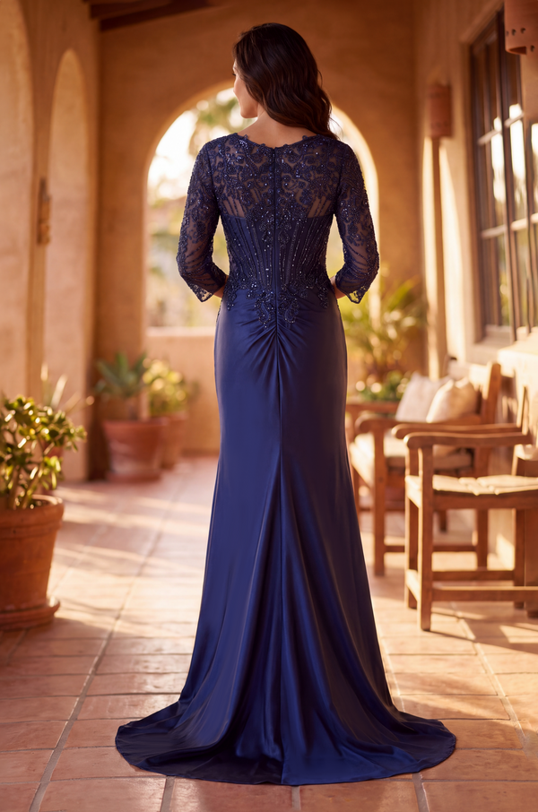 V Neck Beaded Evening Gown Long Sleeve Formal Dress