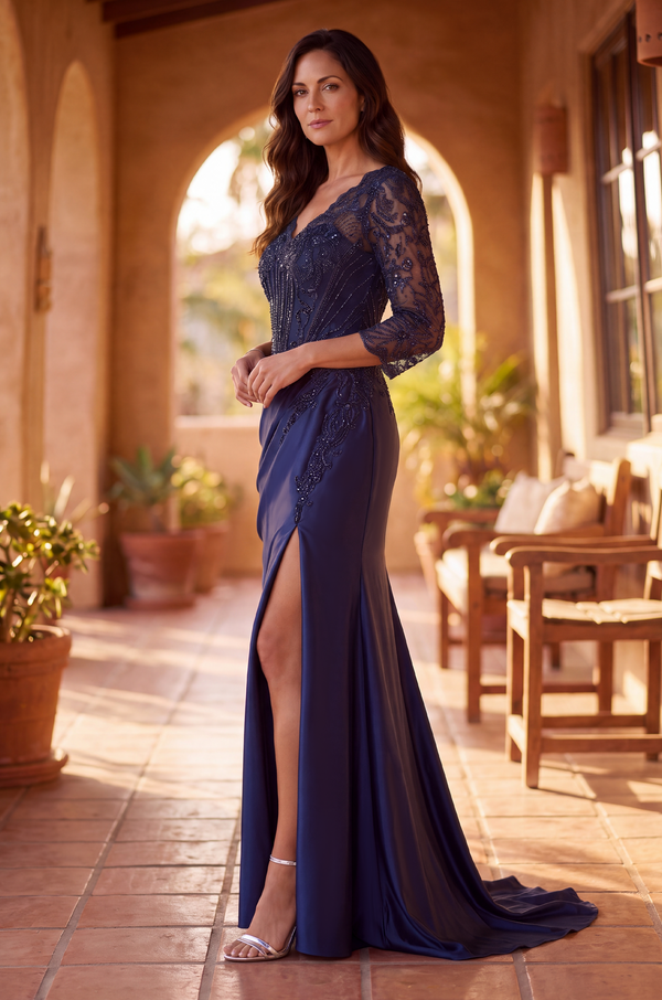V Neck Beaded Evening Gown Long Sleeve Formal Dress