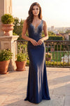 Sequin Beaded Long Formal V Neck Mermaid Prom Dress in Navy