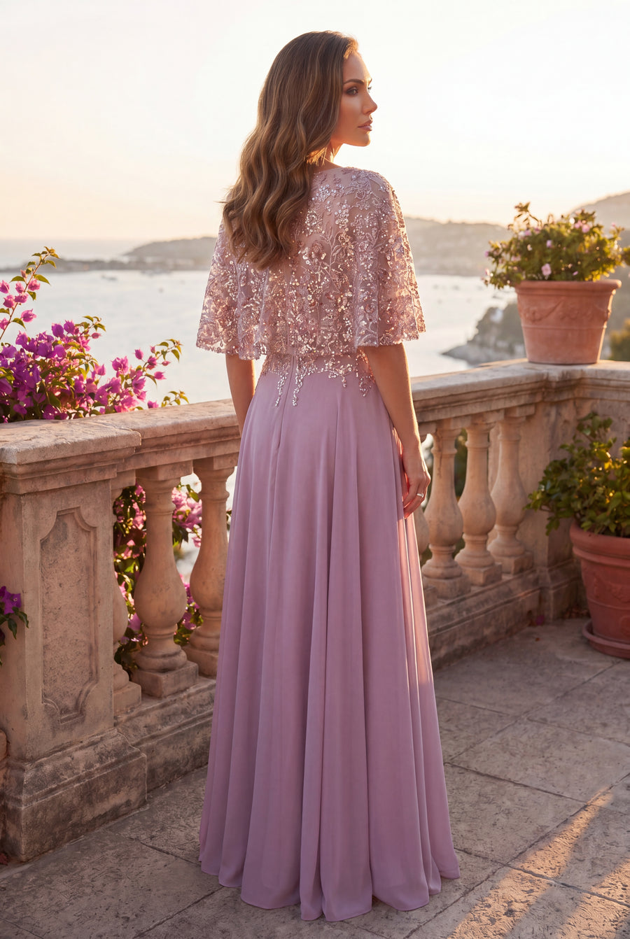 Sequin Lace Cape Sleeve Long Formal Chiffon Evening Gown Mauve