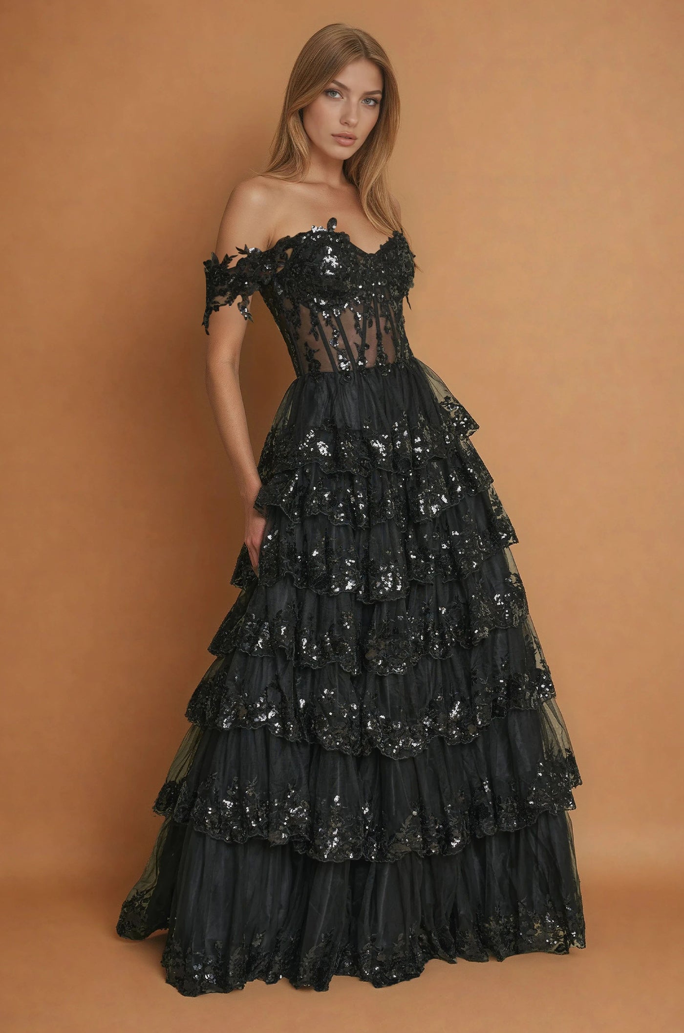 Prom Dresses Long Corset Ruffled Prom Dress Black