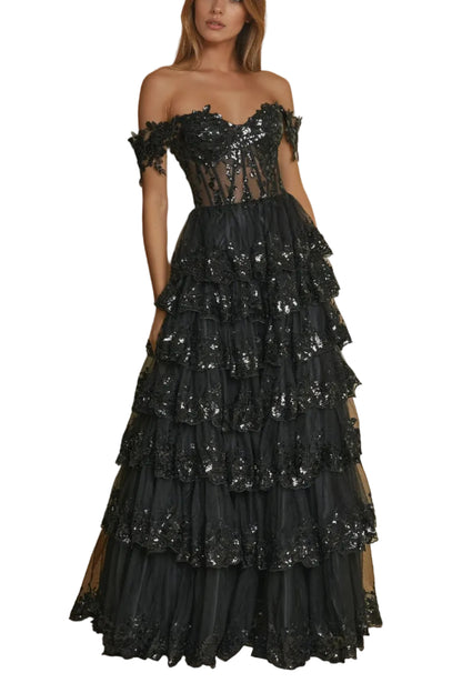 Prom Dresses Long Corset Ruffled Prom Dress Black