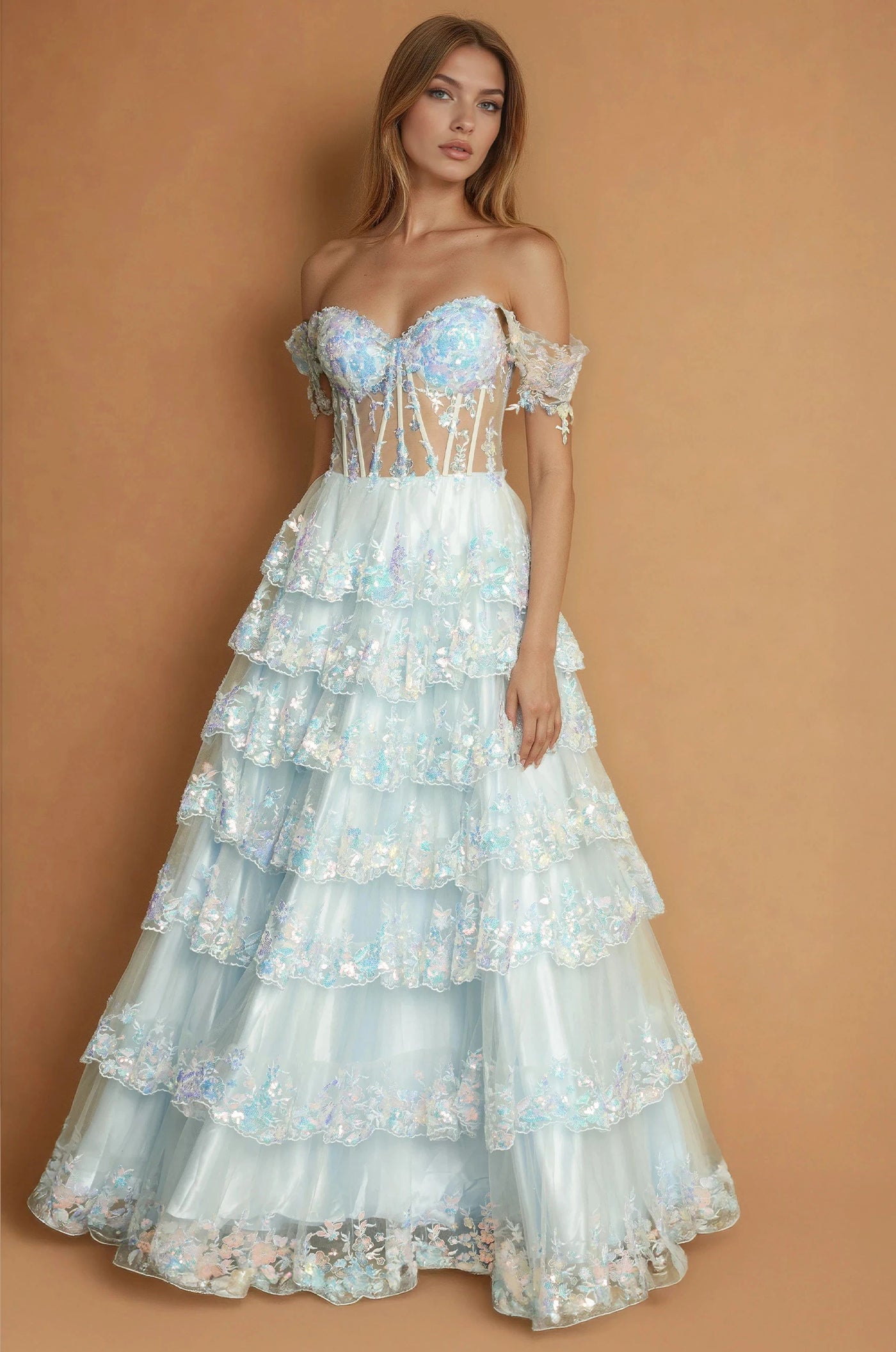 Prom Dresses Long Corset Ruffled Prom Dress Light Blue