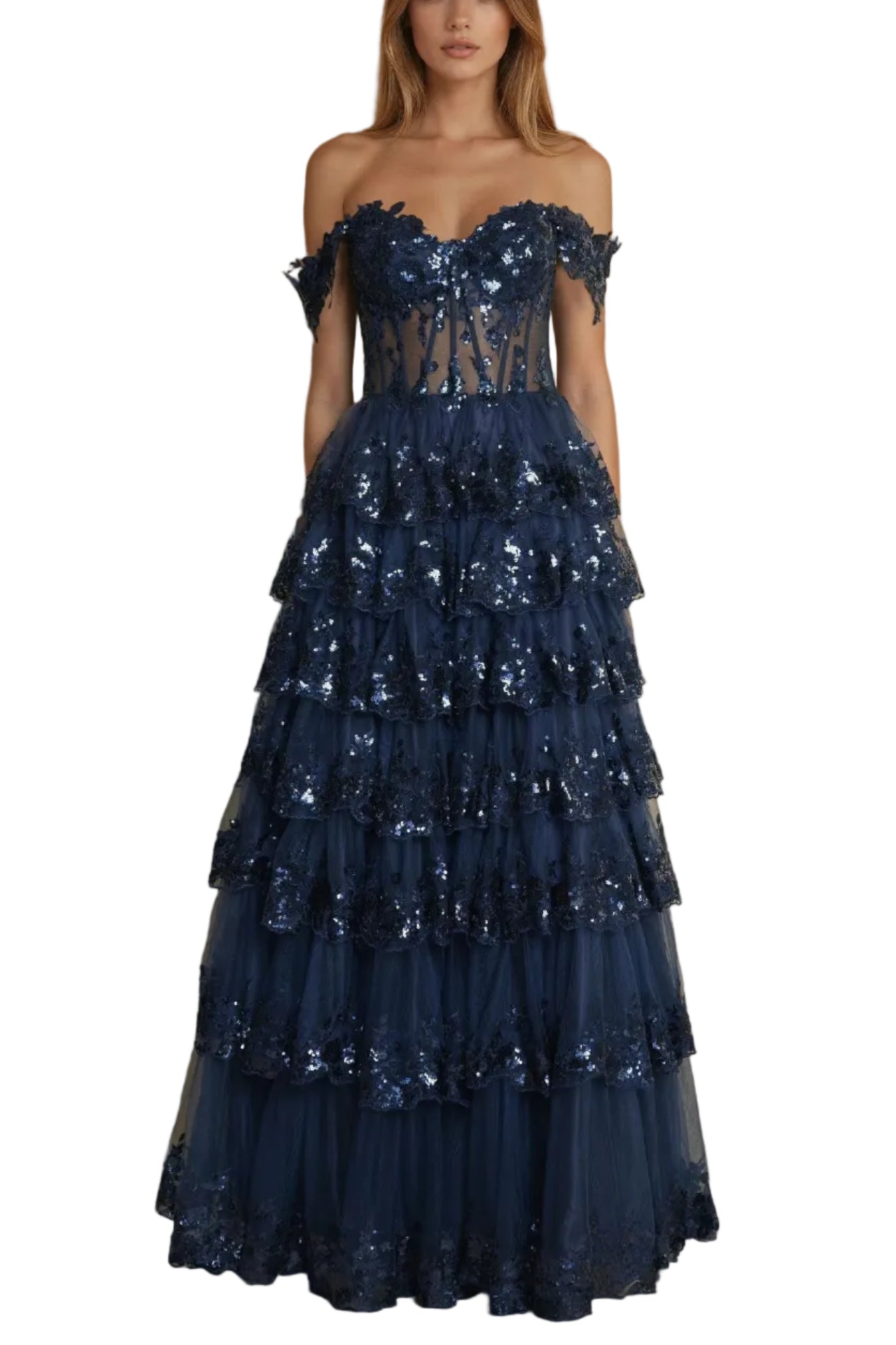Prom Dresses Long Corset Ruffled Prom Dress Navy