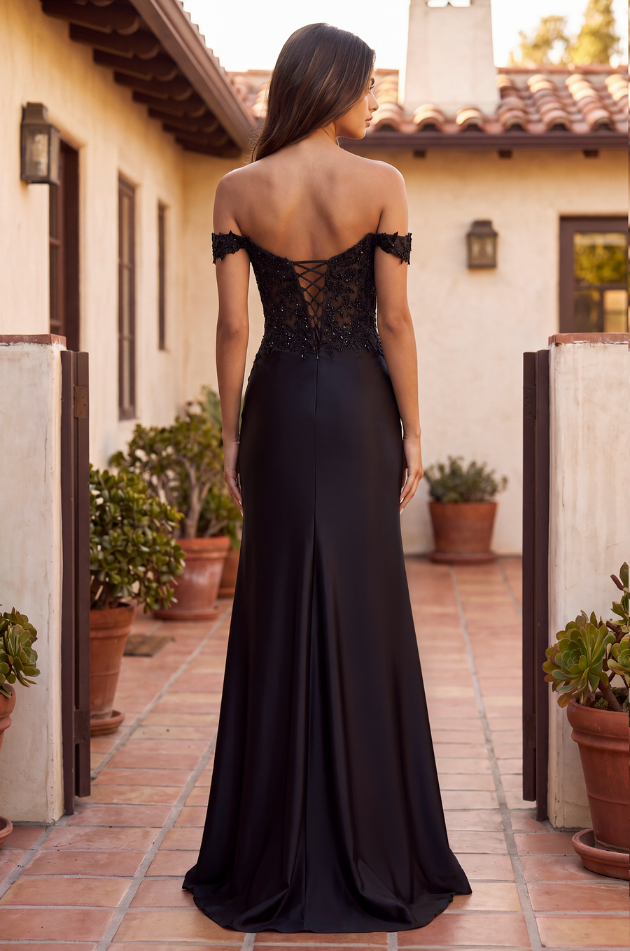 Lace Up Fitted Off Shoulder Formal Dress