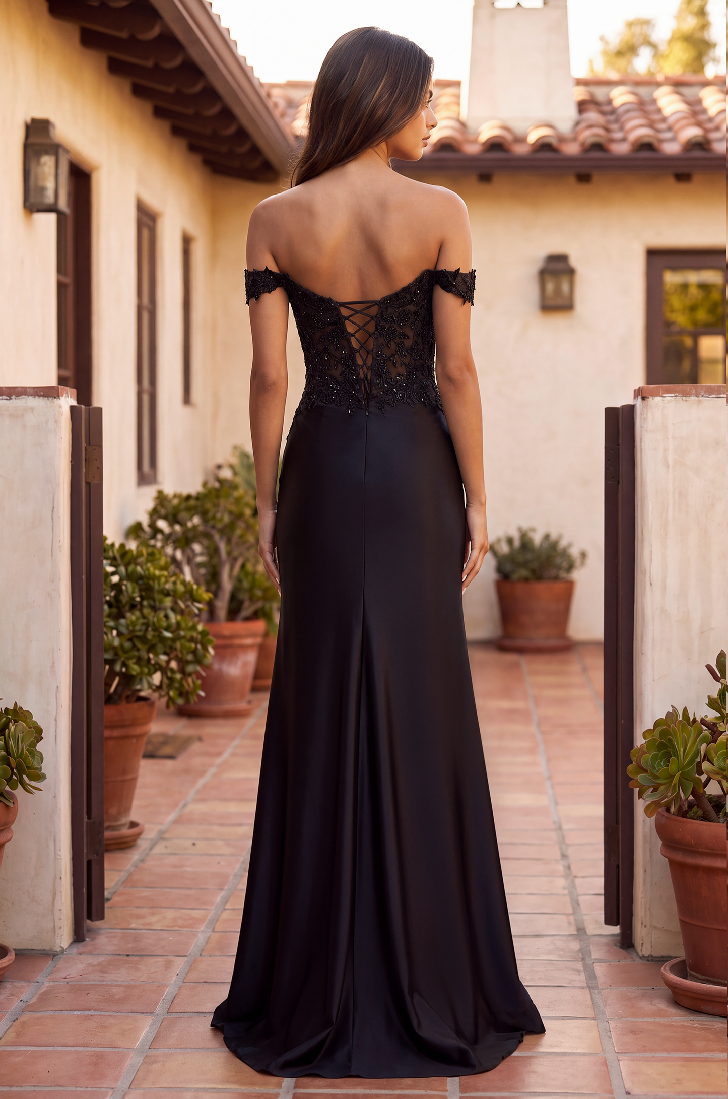 Lace Up Fitted Off Shoulder Formal Dress