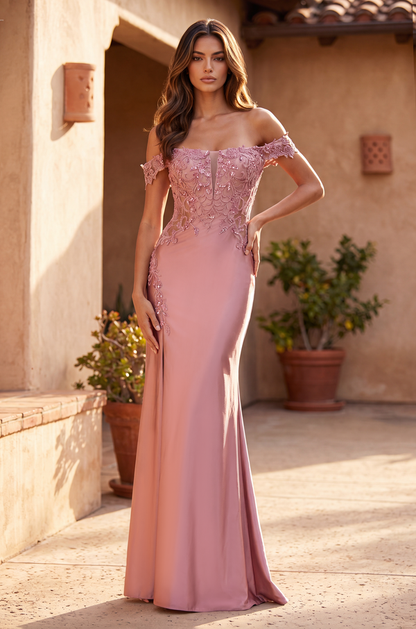 Lace Up Fitted Off Shoulder Formal Dress