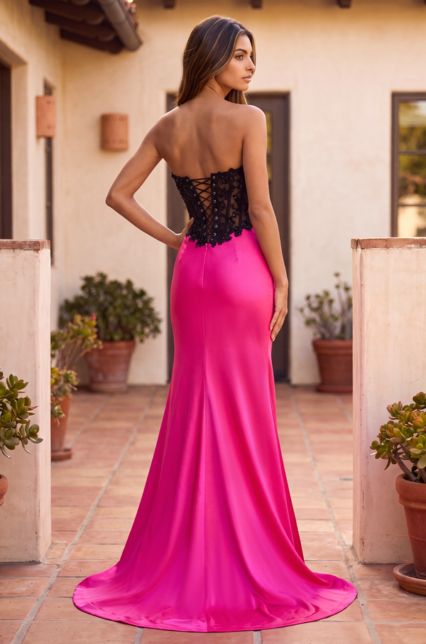 Fitted Stretch Satin Long Formal Corset Prom Dress