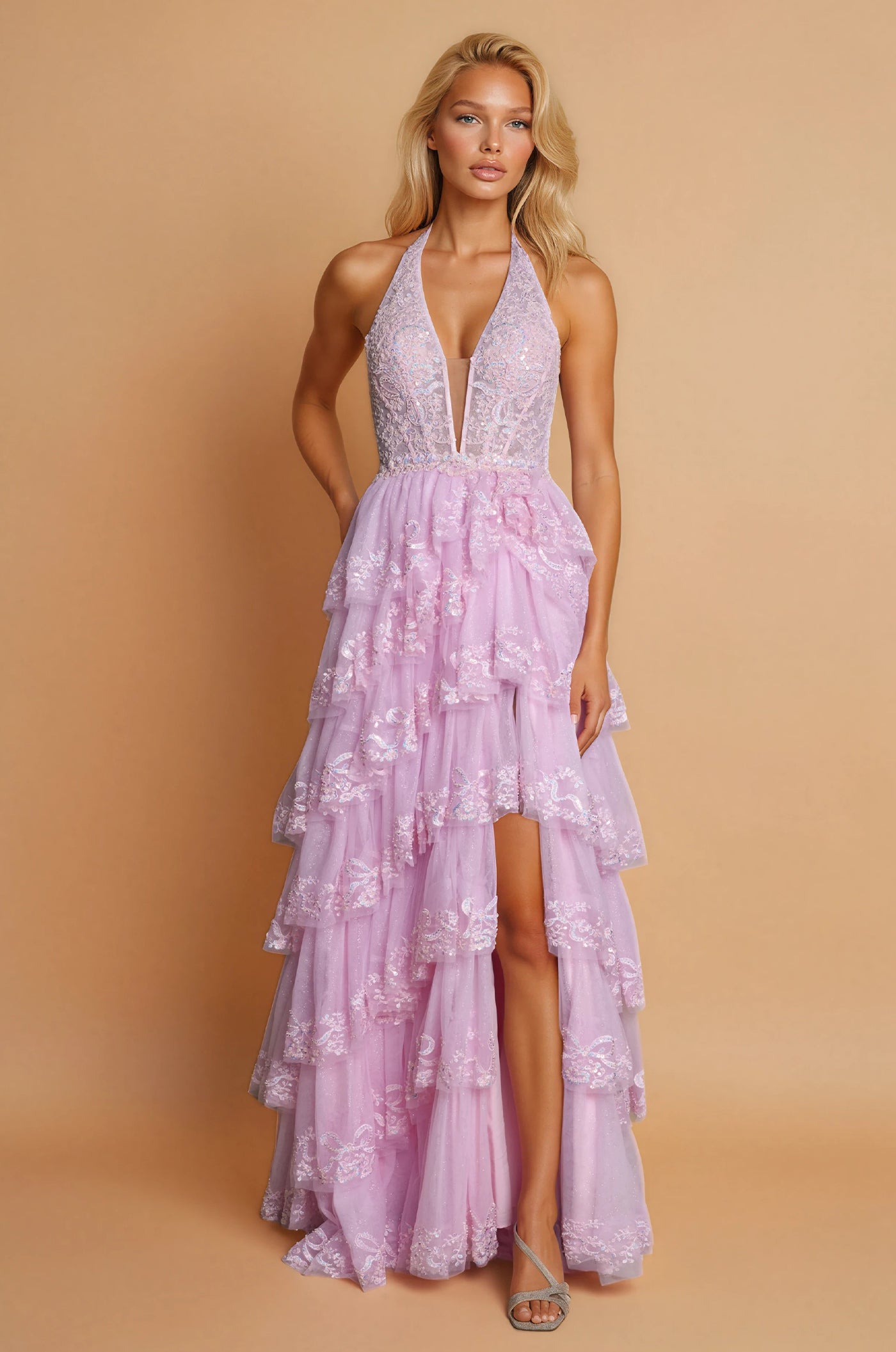 Prom Dresses Long Formal Halter Neck Beaded Corset Prom Dress Pink