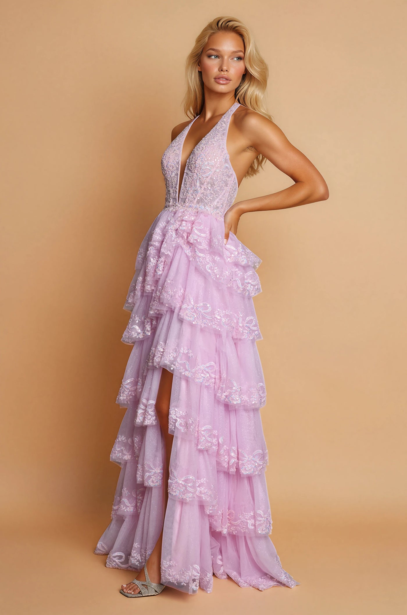Prom Dresses Long Formal Halter Neck Beaded Corset Prom Dress Pink