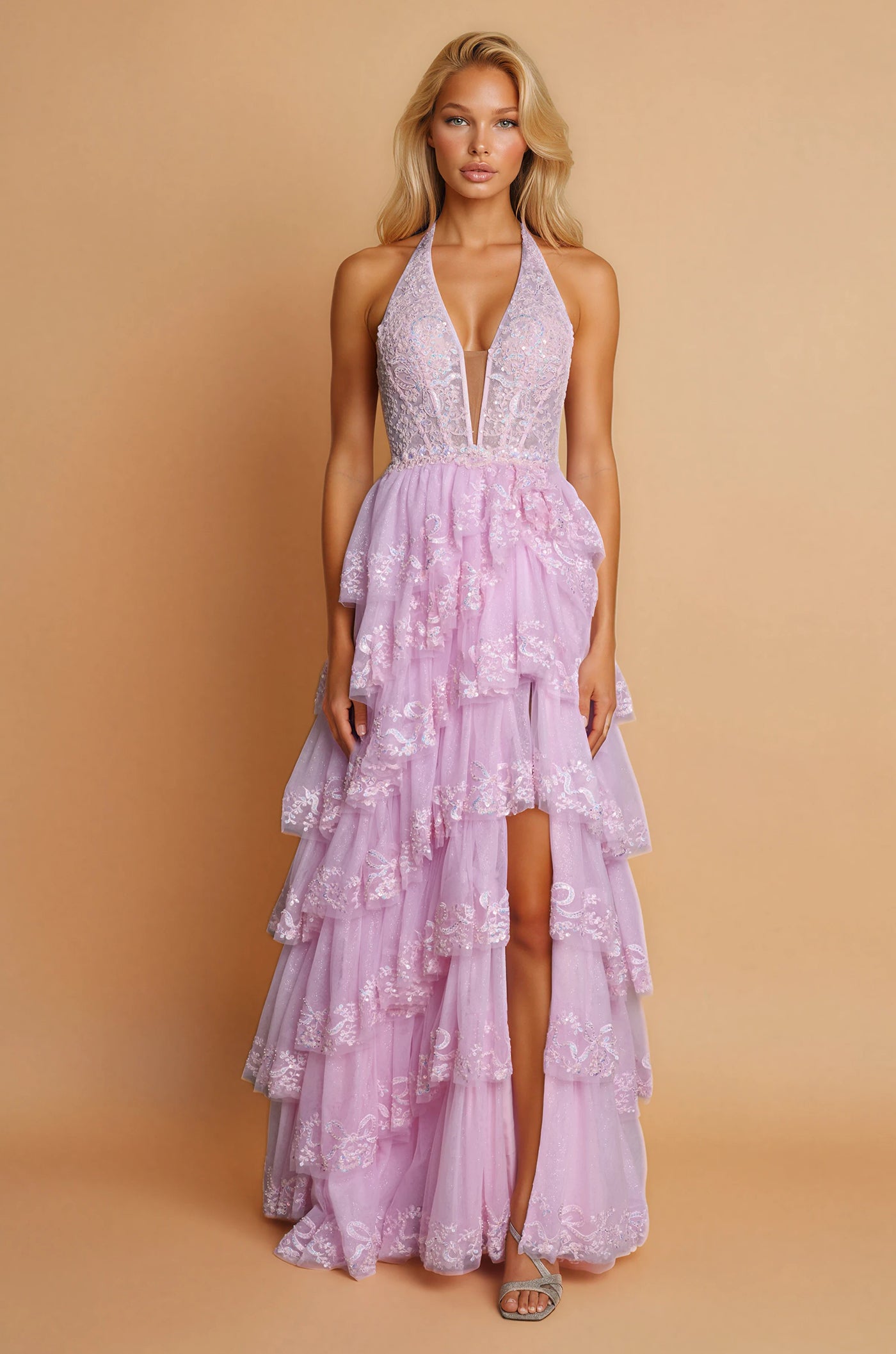 Prom Dresses Long Formal Halter Neck Beaded Corset Prom Dress Pink