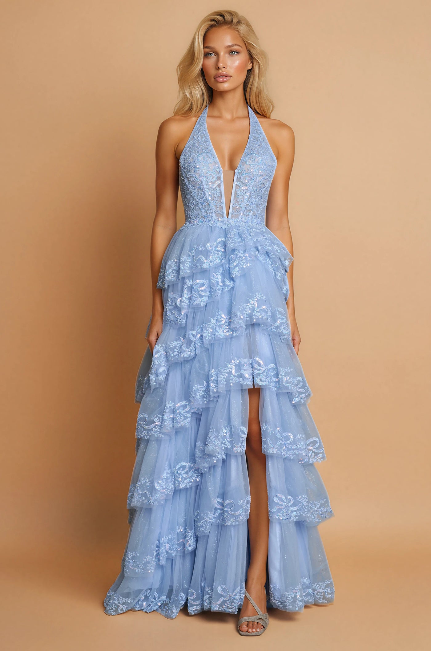 Evening Long Halter Neck Beaded Corset Prom Dress