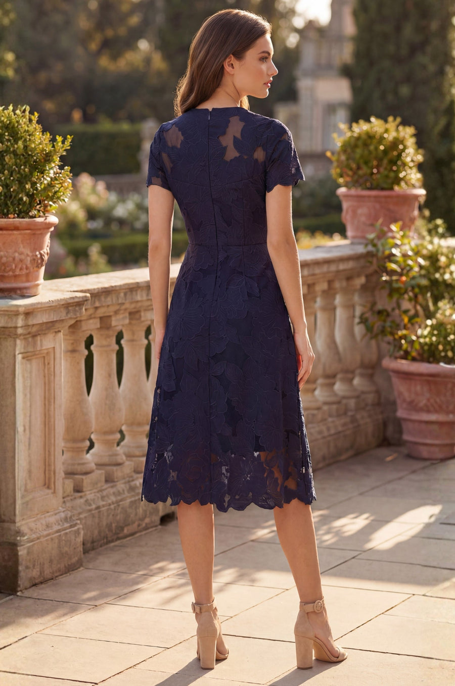 Pleated V Neck A Line Midi Cocktail Dress Navy