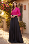 Long Sleeve Formal Two Tone Evening Pocket Dress Black/Fuchsia Front view
