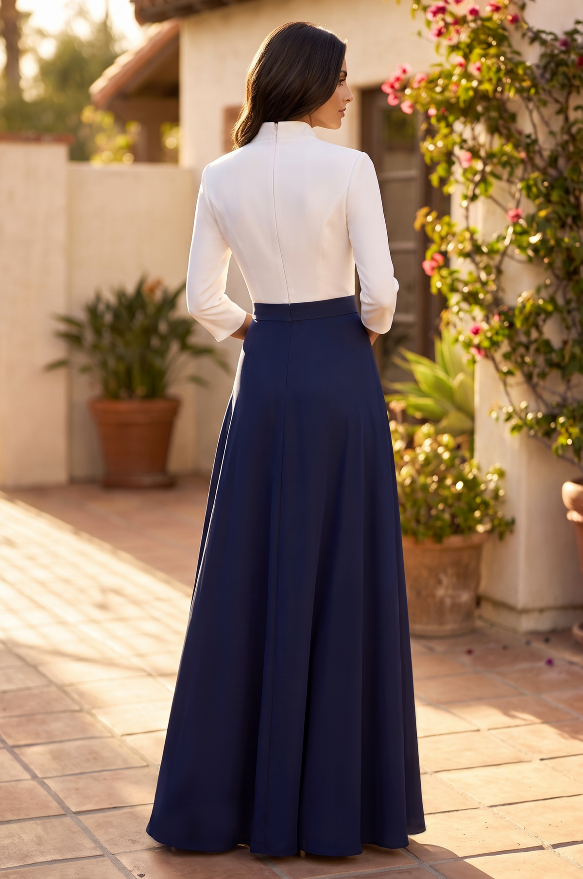 Long Sleeve Formal Two Tone Evening Pocket Dress