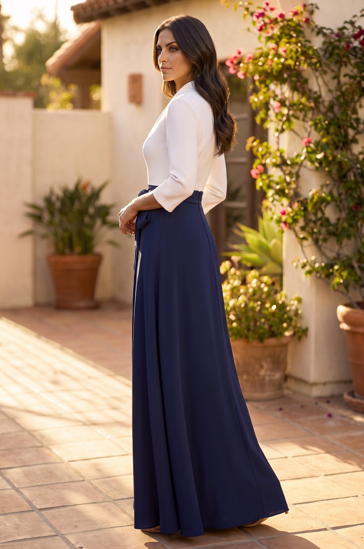 Long Sleeve Formal Two Tone Evening Pocket Dress