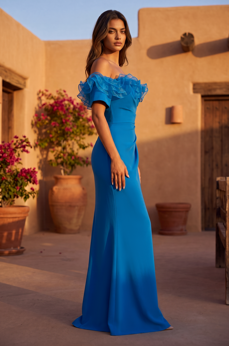 Ruffled Long Off Shoulder Formal Evening Dress