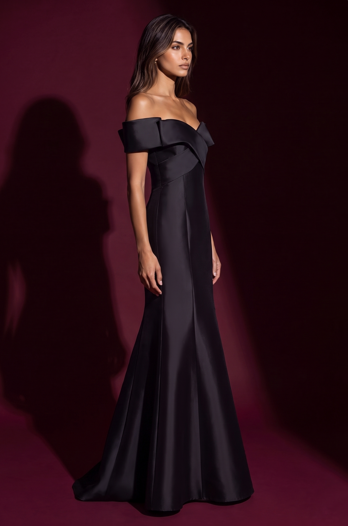Mikado Long Off Shoulder Formal Criss Cross Bodice Evening Dress