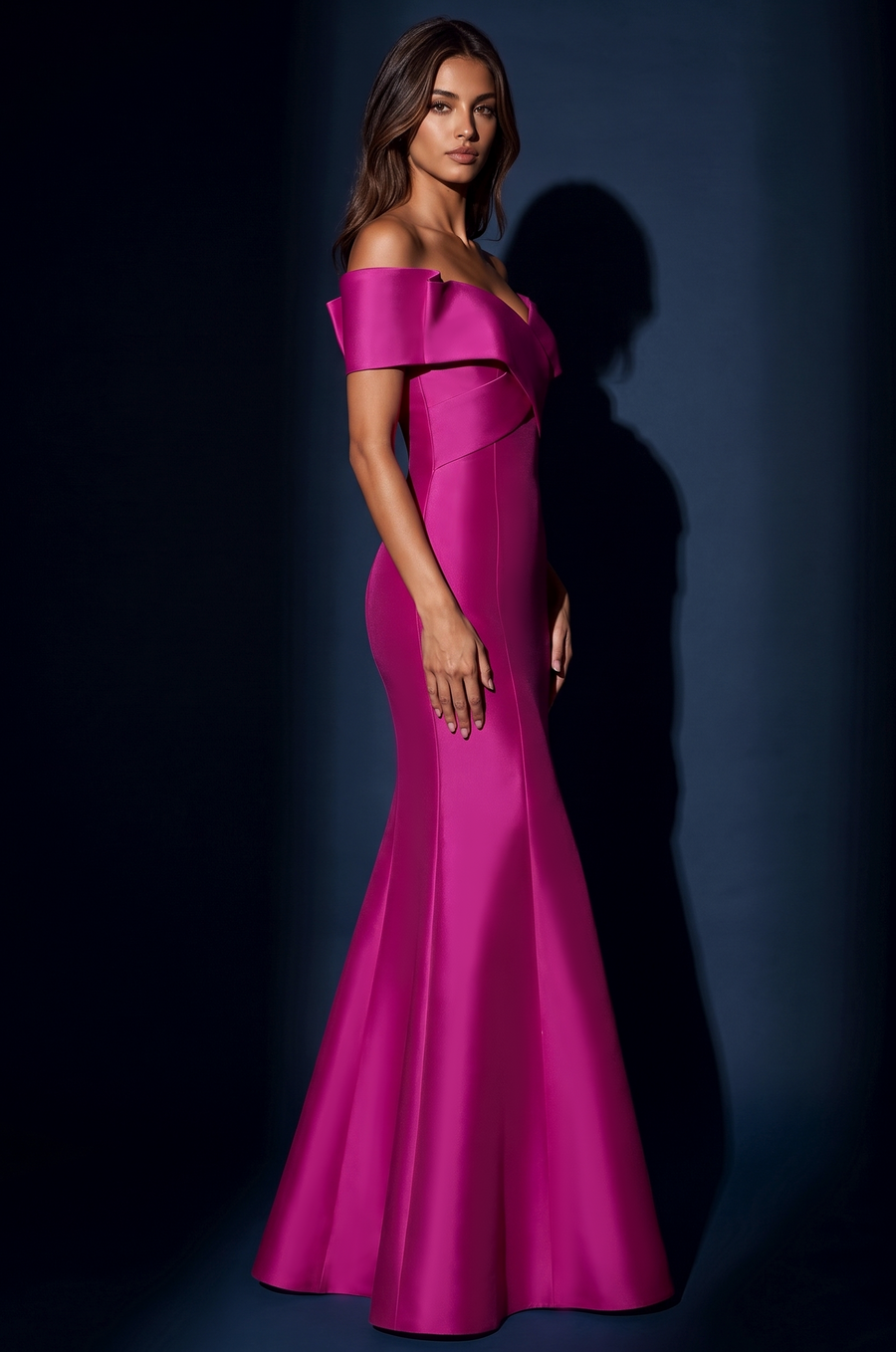 Mikado Long Off Shoulder Formal Criss Cross Bodice Evening Dress