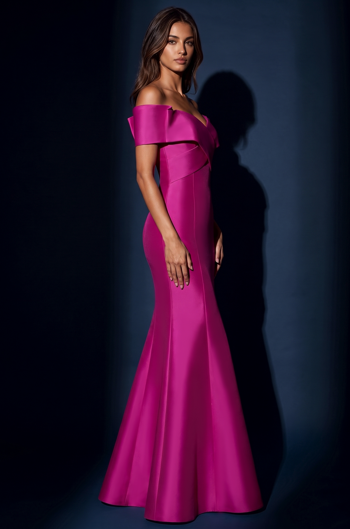 Mikado Long Off Shoulder Formal Criss Cross Bodice Evening Dress