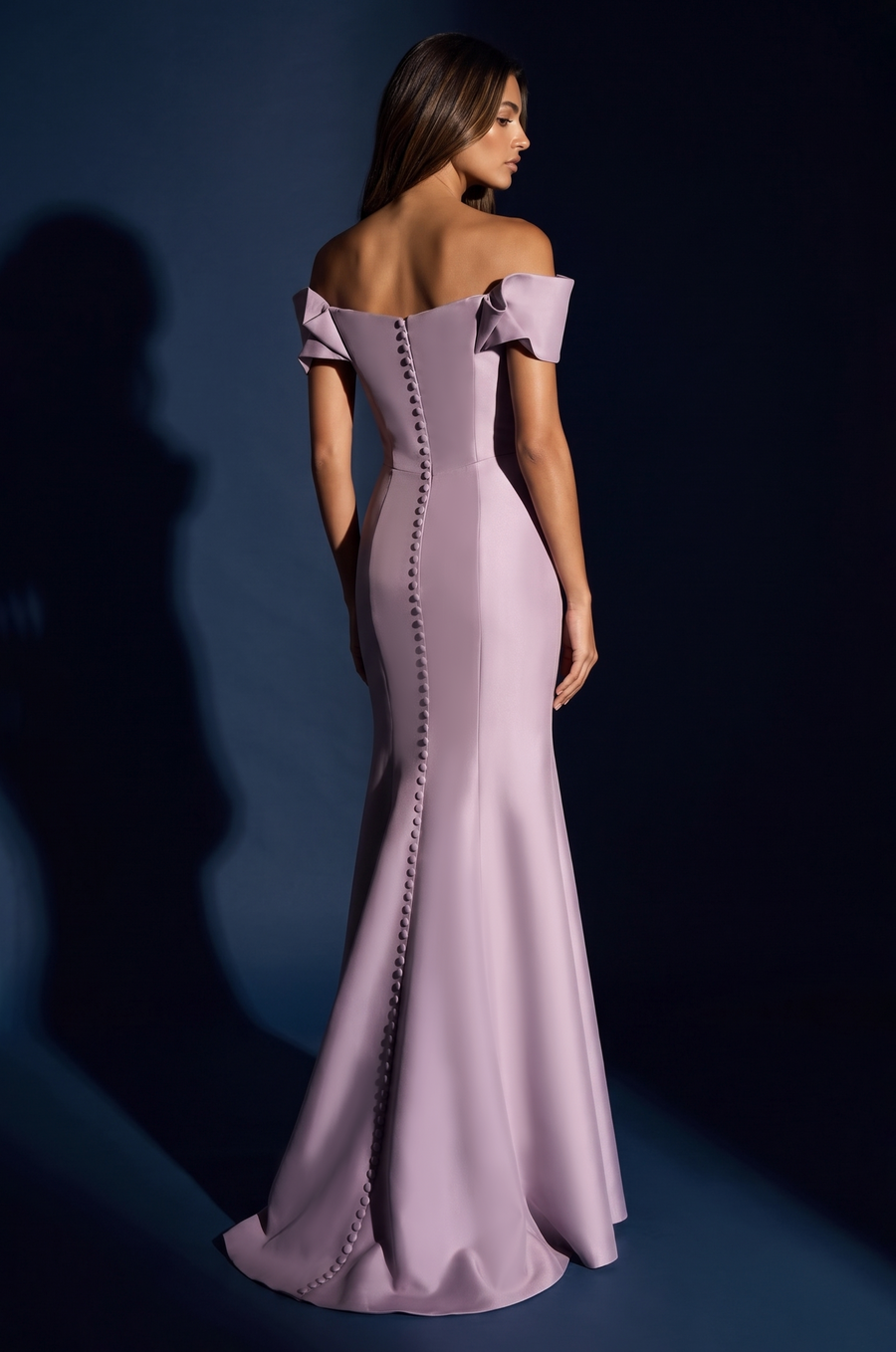 Mikado Long Off Shoulder Formal Criss Cross Bodice Evening Dress