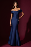 Mikado Long Off Shoulder Formal Criss Cross Bodice Evening Dress