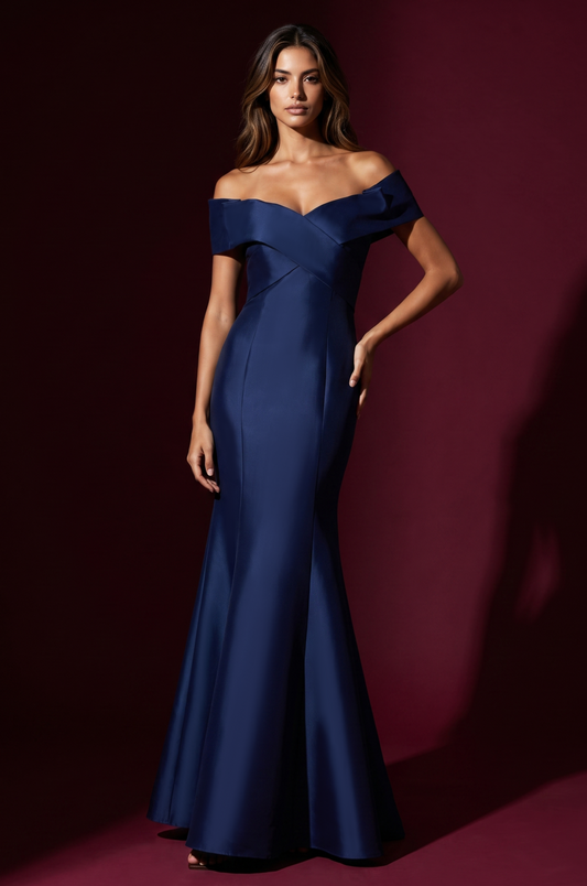 Mikado Long Off Shoulder Formal Criss Cross Bodice Evening Dress