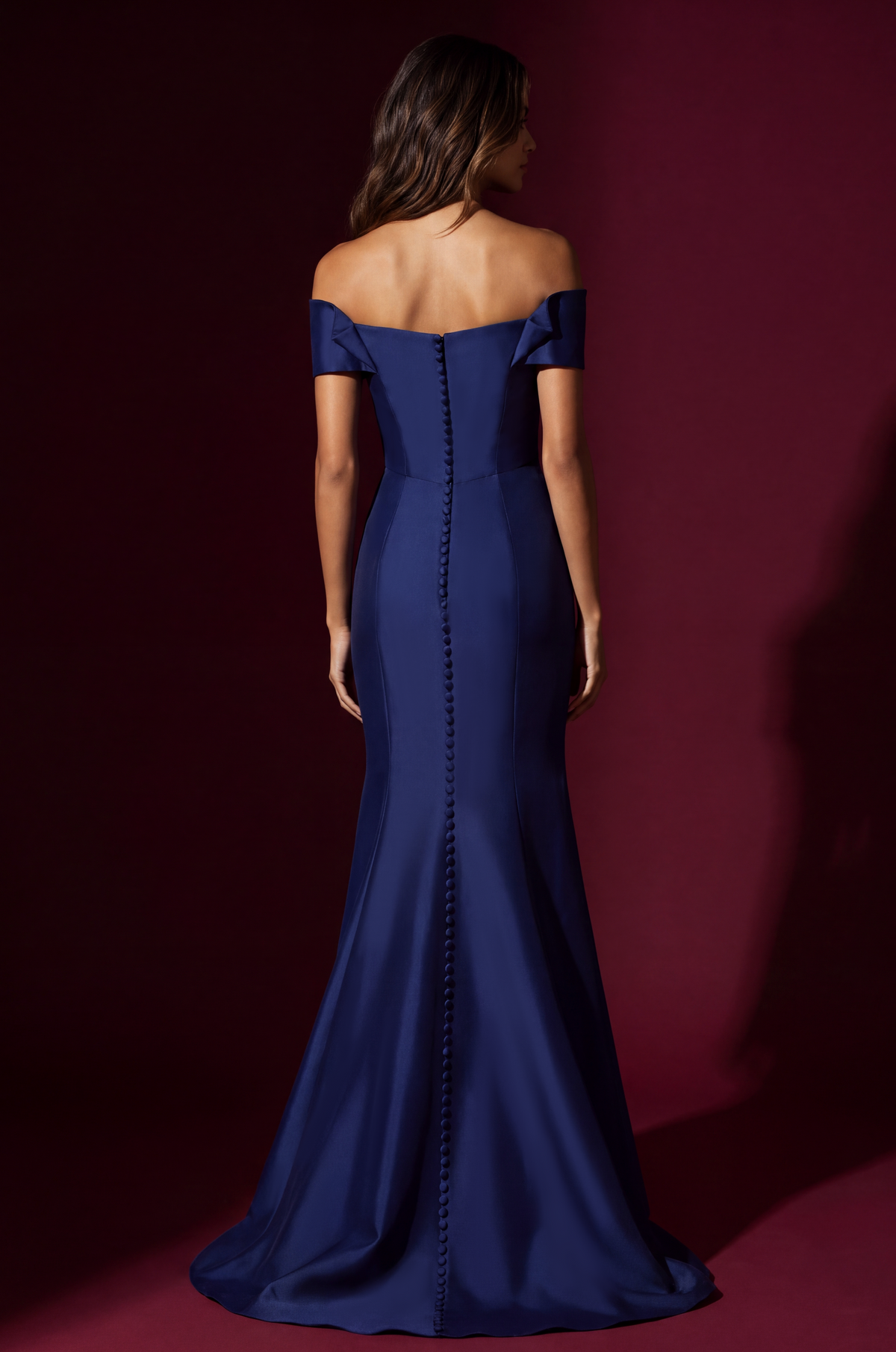 Mikado Long Off Shoulder Formal Criss Cross Bodice Evening Dress