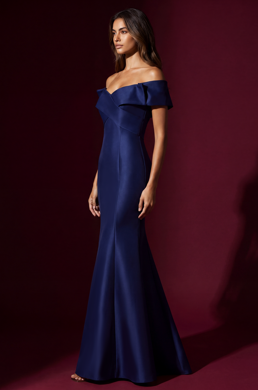 Mikado Long Off Shoulder Formal Criss Cross Bodice Evening Dress