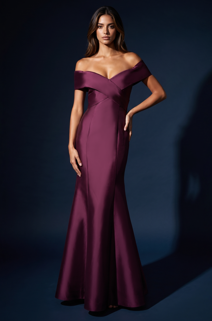 Mikado Long Off Shoulder Formal Criss Cross Bodice Evening Dress
