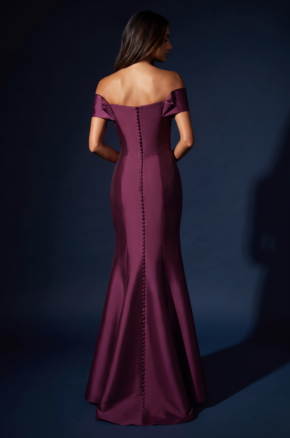 Mikado Long Off Shoulder Formal Criss Cross Bodice Evening Dress