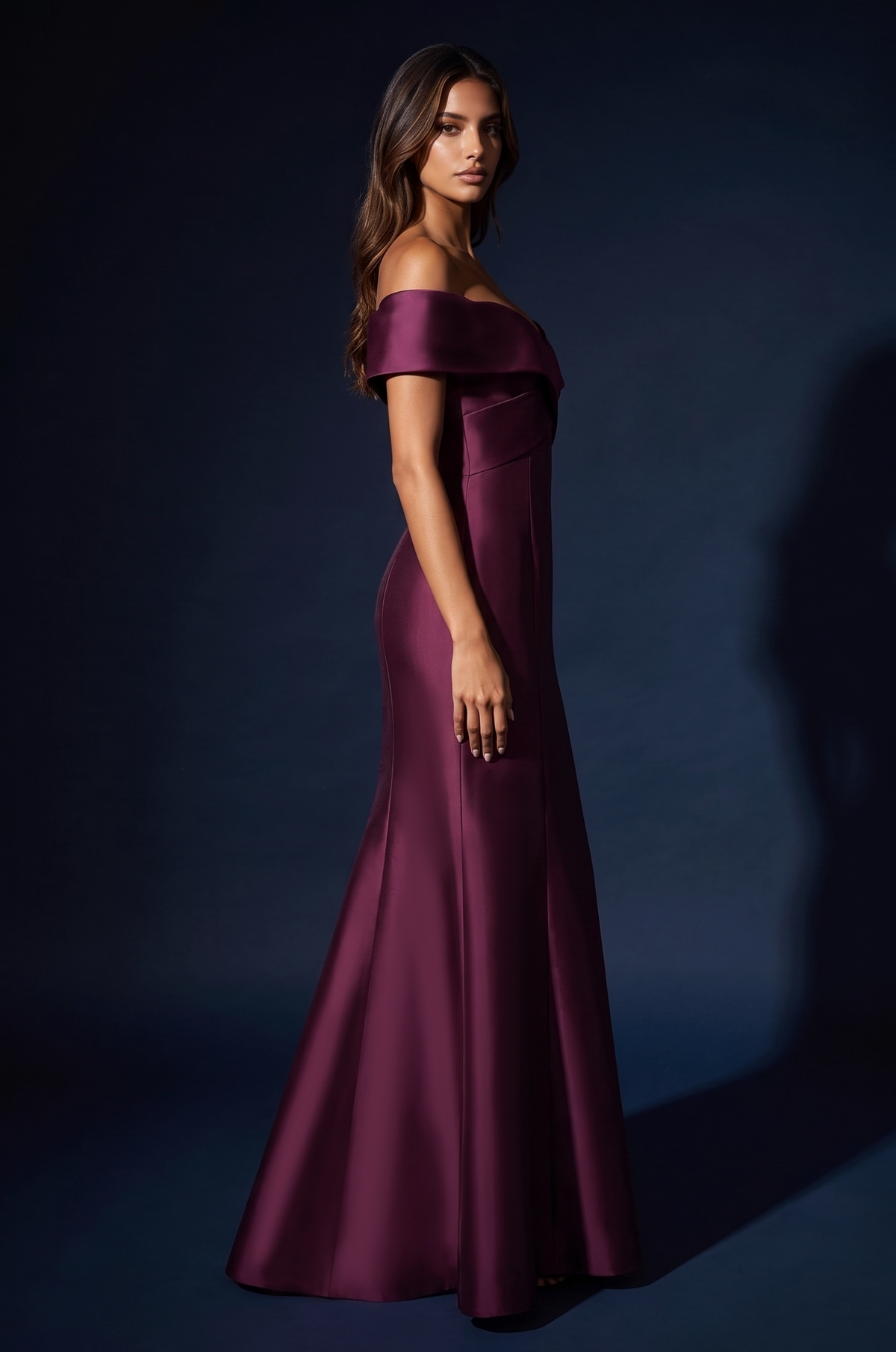 Mikado Long Off Shoulder Formal Criss Cross Bodice Evening Dress