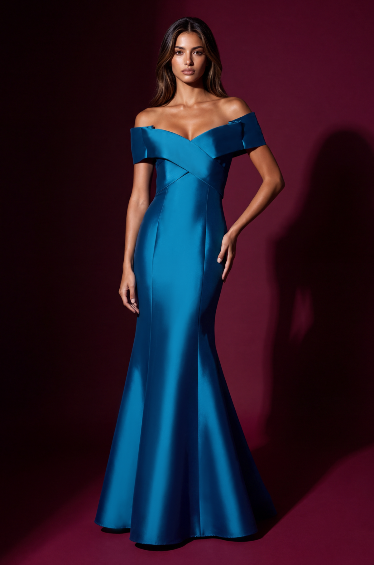 Mikado Long Off Shoulder Formal Criss Cross Bodice Evening Dress
