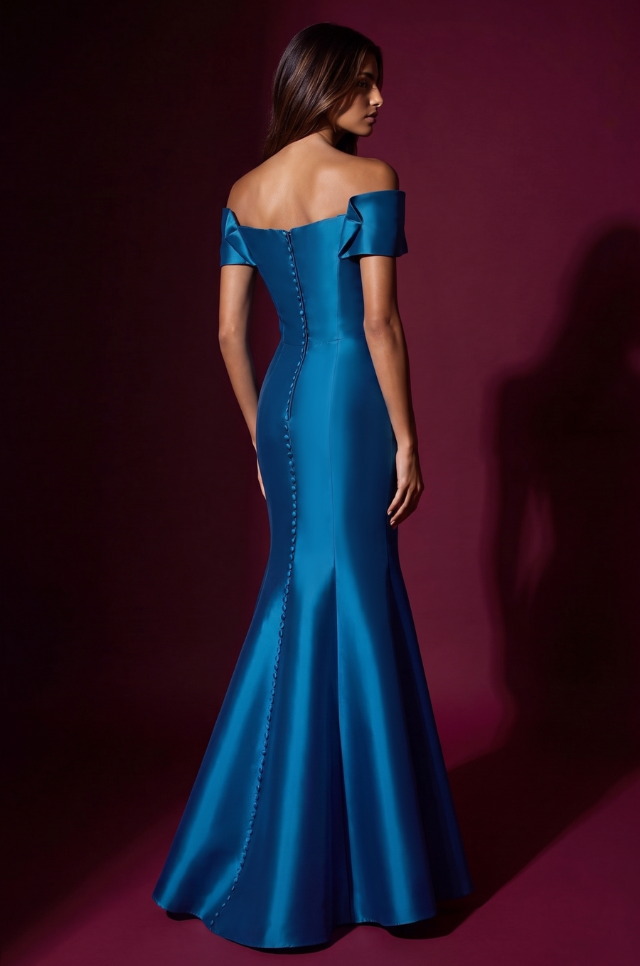 Mikado Long Off Shoulder Formal Criss Cross Bodice Evening Dress