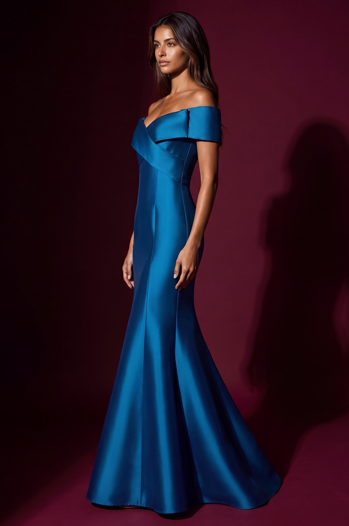 Mikado Long Off Shoulder Formal Criss Cross Bodice Evening Dress