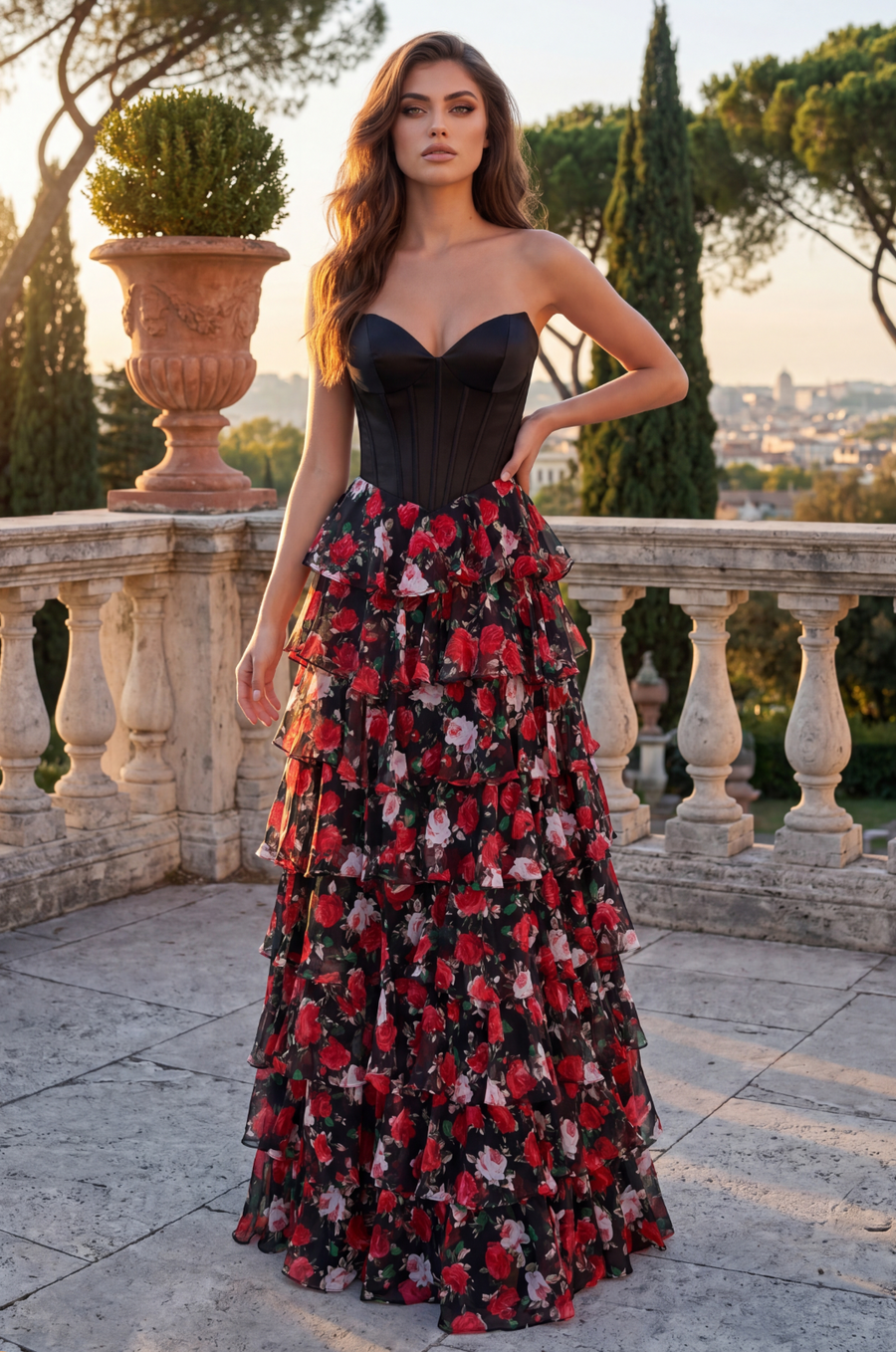 Long Corset Tiered Ruffle Formal Prom Dress