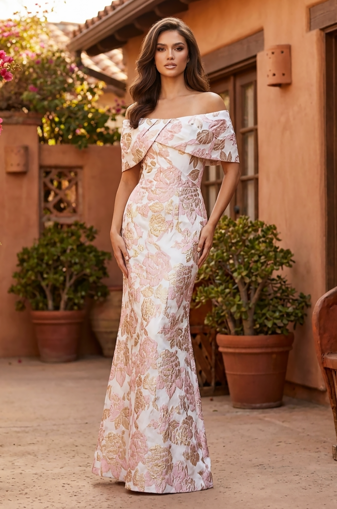 Formal Dresses Off the Shoulder Floral Jacquard Mermaid Evening Formal Dress Pink
