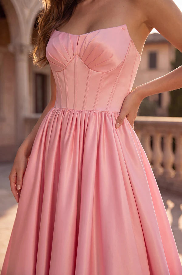Long Satin Prom Ball Gown with Sweetheart Corset Bodice
