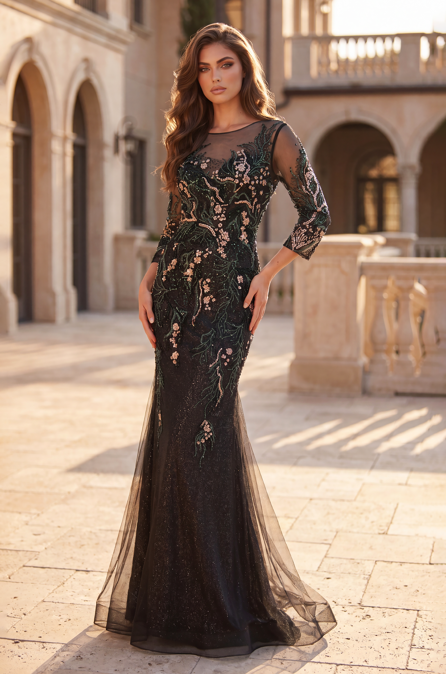 Formal Dresses Floral Beaded Bodice Long Formal Evening Dress Black