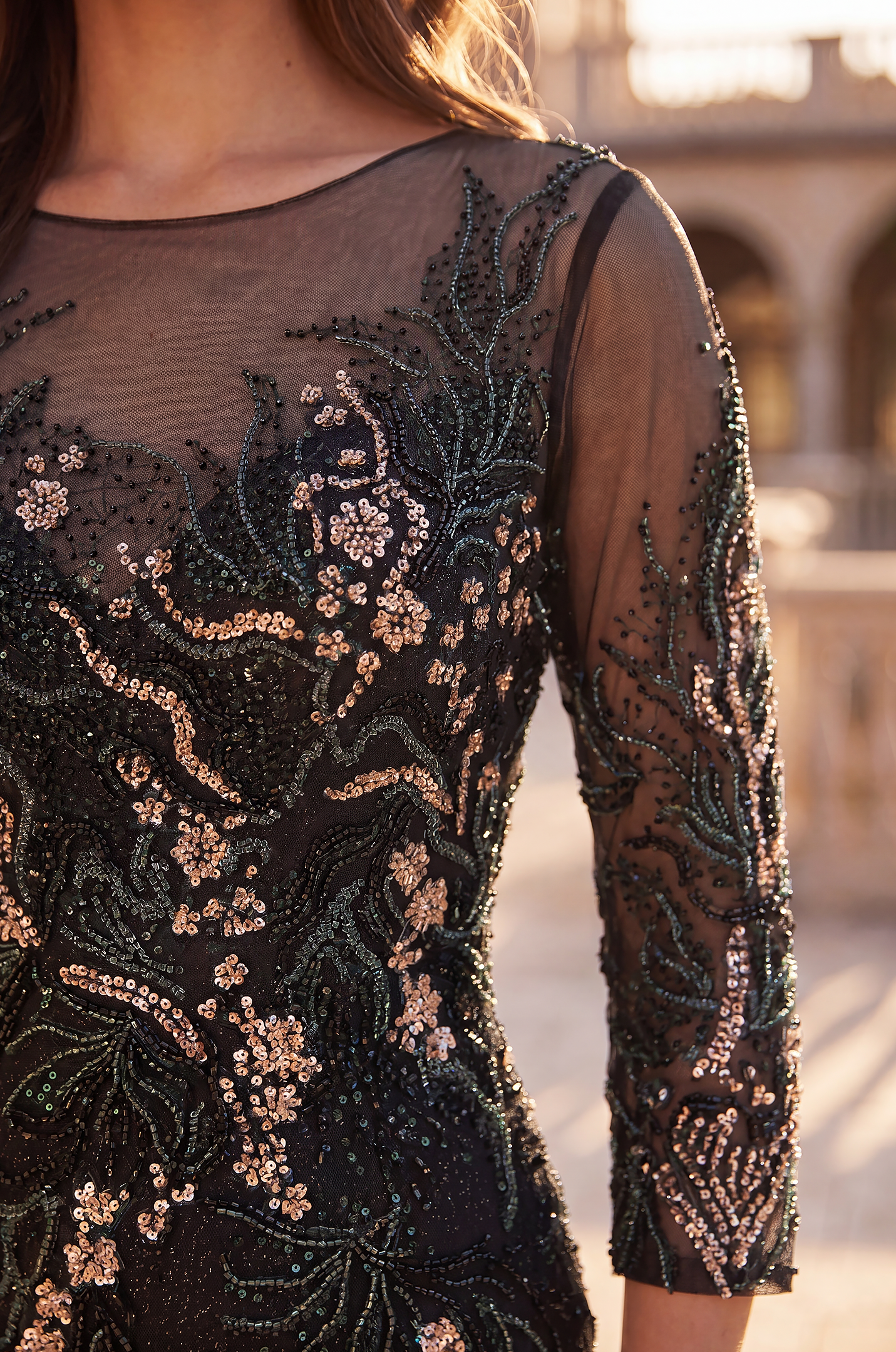 Formal Dresses Floral Beaded Bodice Long Formal Evening Dress Black