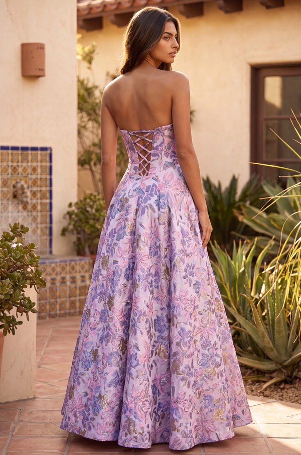 Strapless Long Corset Floral Jacquard Ball Gown