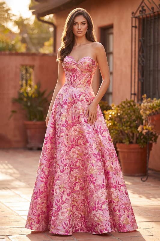 Prom Dresses Long Strapless Corset Floral Jacquard Ball Gown Pink 
