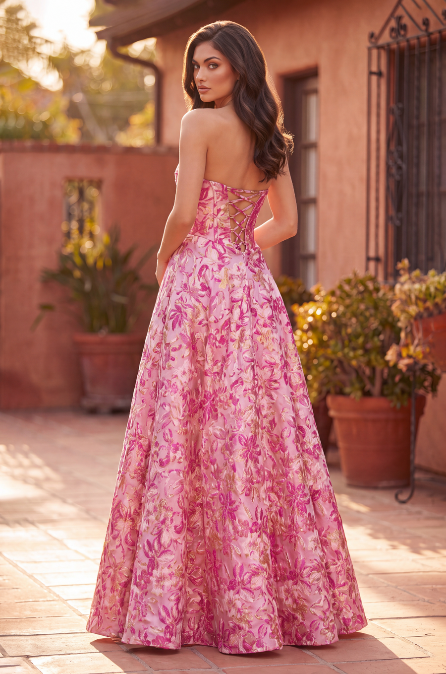 Prom Dresses Long Strapless Corset Floral Jacquard Ball Gown Pink 
