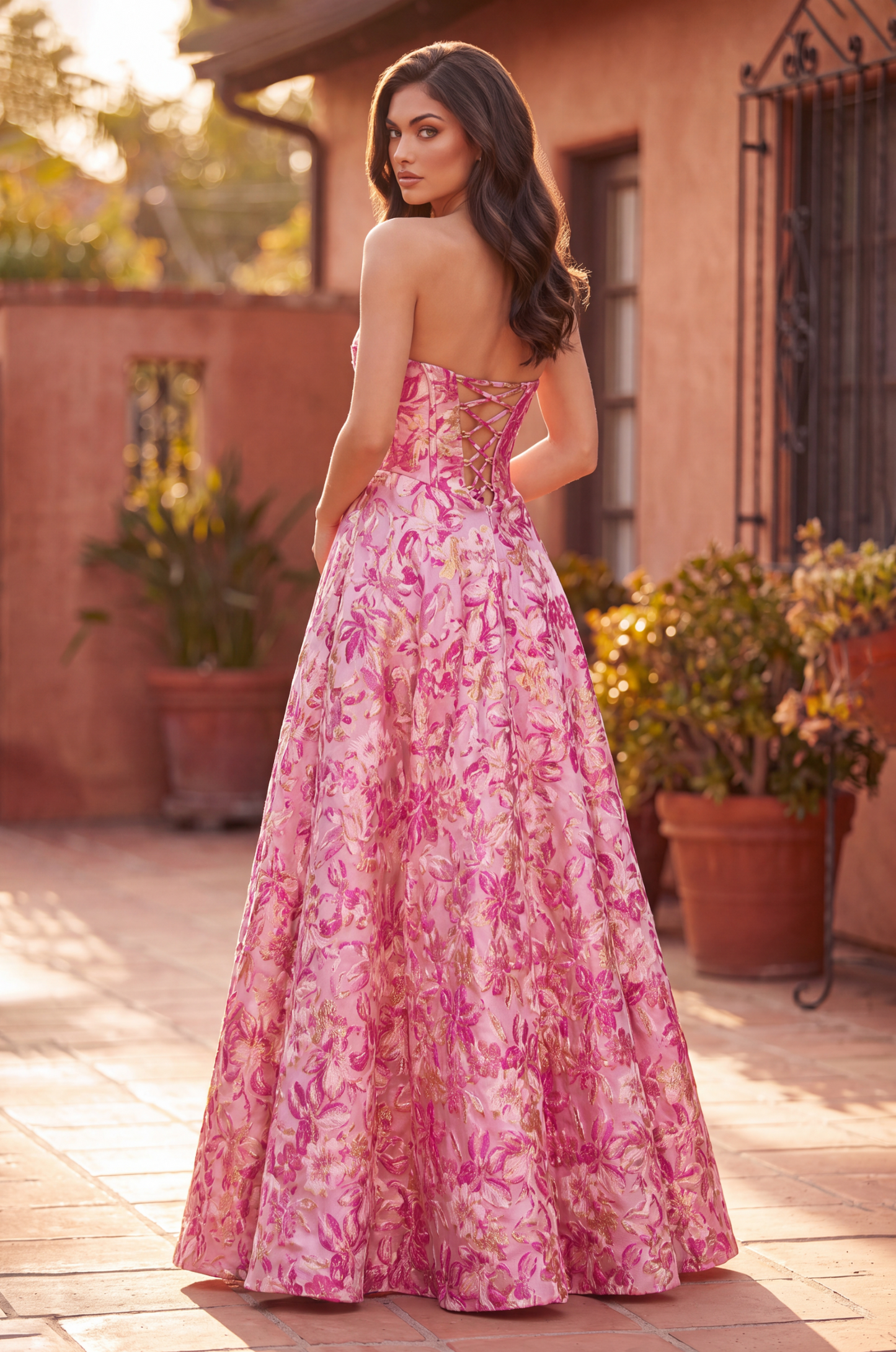 Prom Dresses Long Strapless Corset Floral Jacquard Ball Gown Pink 